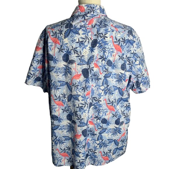 IZOD Reverse Print Button Up Hawaiian Shirt XXL Blue Flamingo Chambray Pocket - Picture 4 of 6